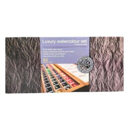 Afra Profesyonel Tablet Sulu Boya Seti 64 Renk Yarım Tablet Ahşap Kutu - Afra