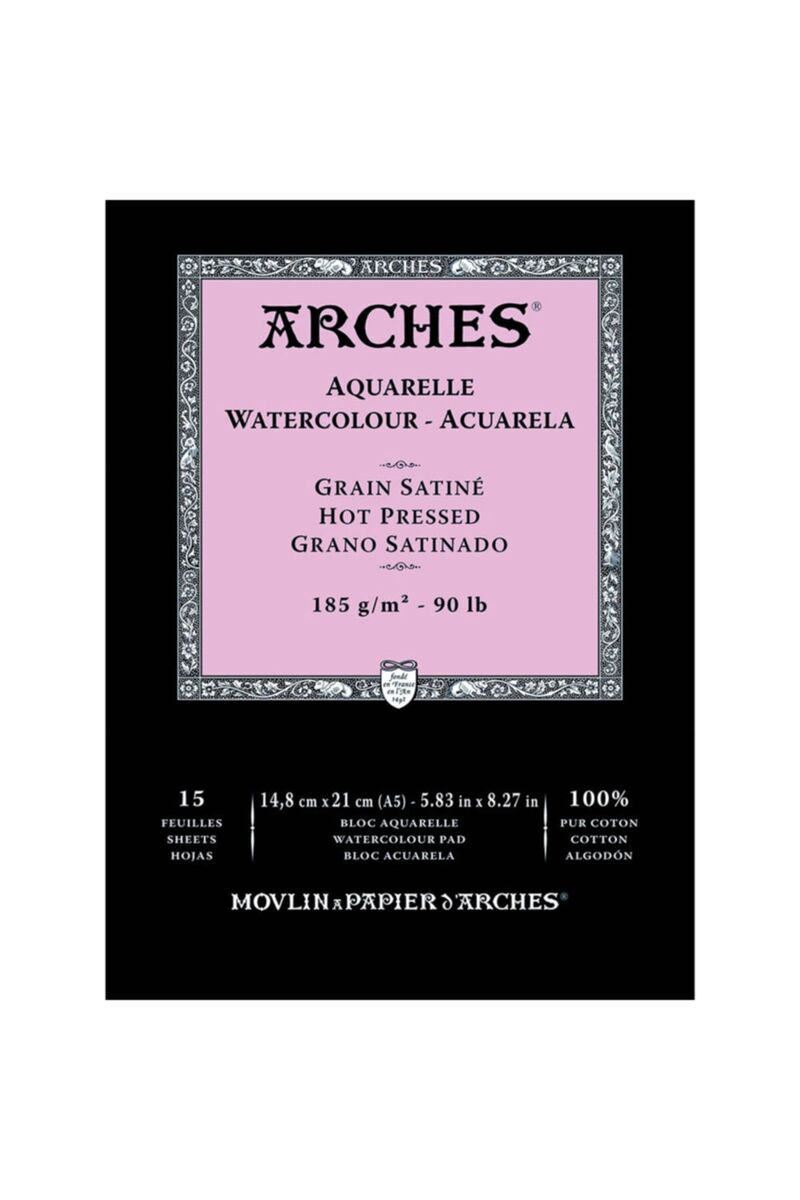 Arches Sulu Boya Defteri Blok Sıcak Baskı - Düz Doku 185 Gr. 15x21 Cm. 15 Yaprak