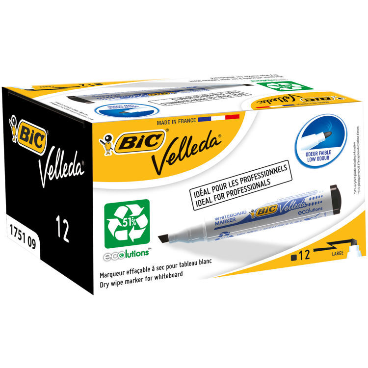 Bic Velleda 1751 Kesik Uç Beyaz Tahta Kalemi Siyah 12