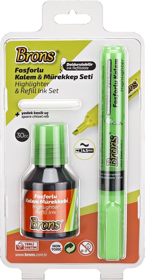 Brons Fosforlu Kalem Seti Açık Yeşil (kalem + Mürekkep + Yedek Uç)