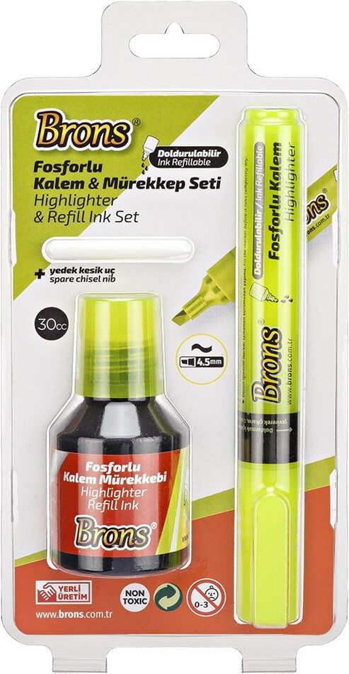 Brons Fosforlu Kalem Seti Sarı (kalem + Mürekkep + Yedek Uç)
