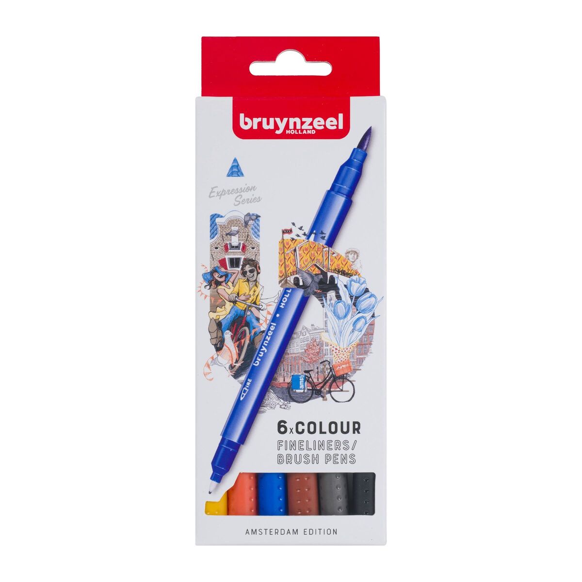 Bruynzeel Fineliner / Brush Pen Çift Taraflı Fırça Uçlu Kalem Seti 6 Renk Amsterdam Colours