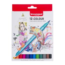 Bruynzeel Fineliner / Brush Pen Çift Taraflı Fırça Uçlu Kalem Seti 12 Renk - 1