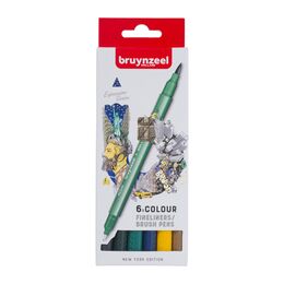 Bruynzeel Fineliner / Brush Pen Çift Taraflı Fırça Uçlu Kalem Seti 6 Renk NEW YORK COLOURS