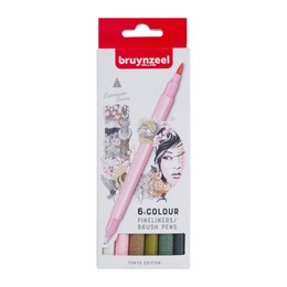 Bruynzeel Fineliner / Brush Pen Çift Taraflı Fırça Uçlu Kalem Seti 6 Renk TOKYO COLOURS - 1