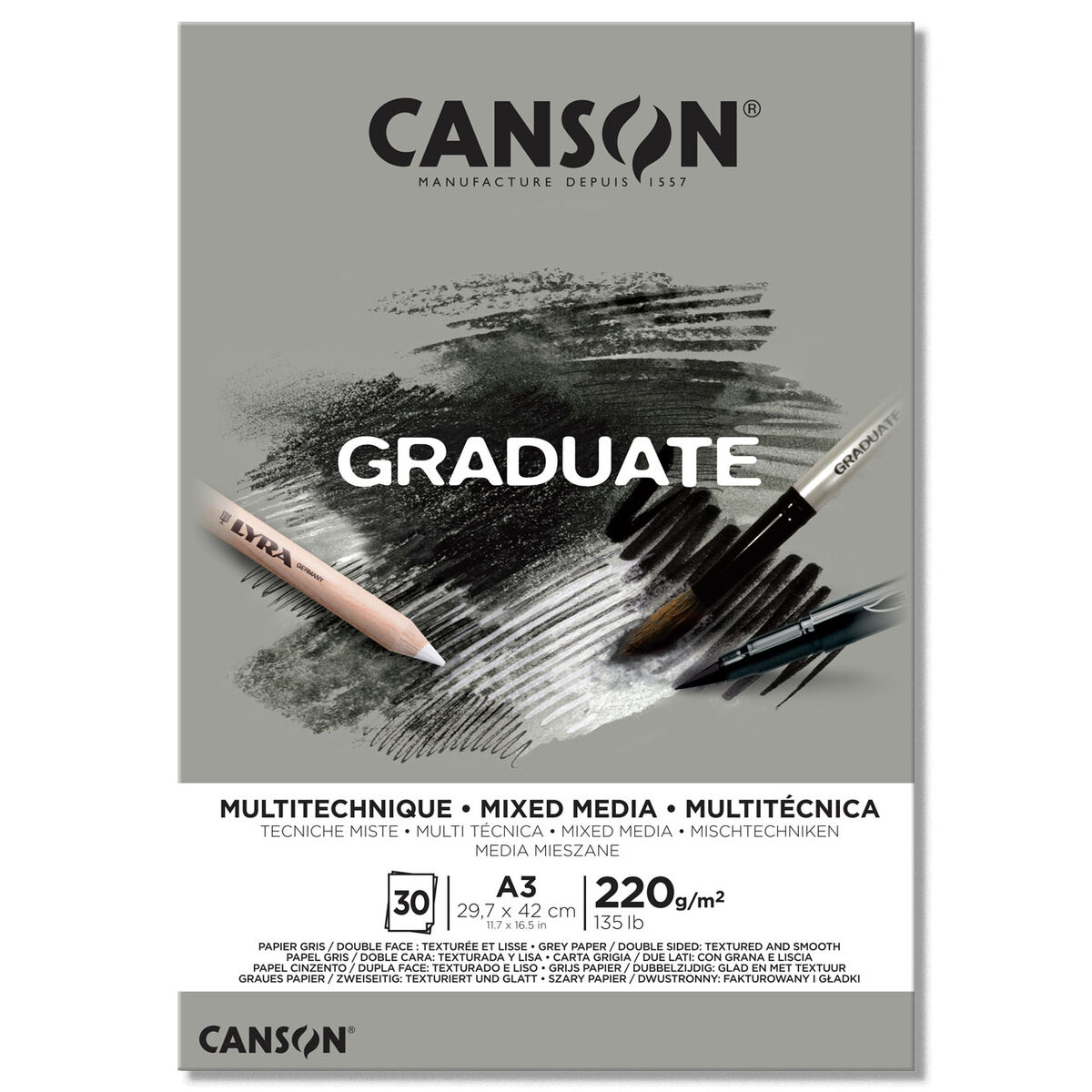 Canson Graduate Mixed Media Çok Amaçlı Eskiz Çizim Defteri Gri Yaprak 220 Gr. A3 30 Sayfa