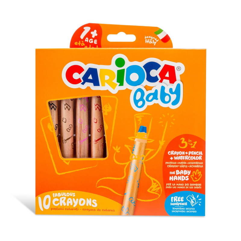 Carioca Baby Jumbo Ahşap Gövde 3 İn 1 Boya Kalemi 10 Renk Kalemtraş Hediyeli 1+ Yaş