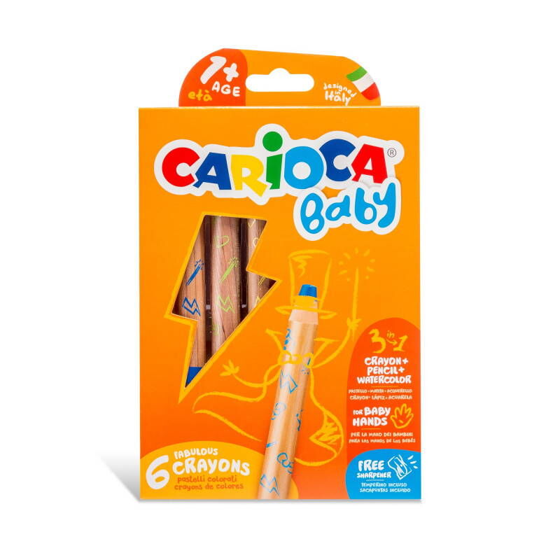 Carioca Baby Jumbo Ahşap Gövde 3 İn 1 Boya Kalemi 6 Renk Kalemtraş Hediyeli 1+ Yaş
