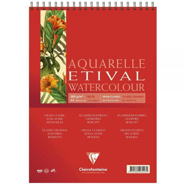 Clairefontaine Etival Classic Sulu Boya Defteri Blok Üstten Spiralli 300 Gr. A3 30 Yaprak