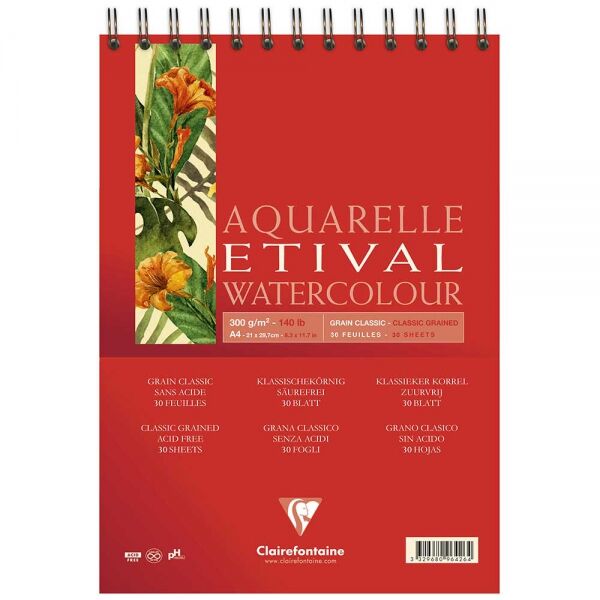 Clairefontaine Etival Classic Sulu Boya Defteri Blok Üstten Spiralli 300 Gr. A4 30 Yaprak