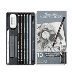 Cretacolor Artino Graphite Drawing Set Karakalem Eskiz Çizim Seti Metal Kutu 10 Parça - 1