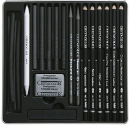 Cretacolor Black Box Charcoal Drawing Set Karakalem Eskiz Çizim Seti Metal Kutu 20 Parça - Thumbnail