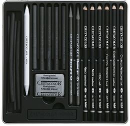 Cretacolor Black Box Charcoal Drawing Set Karakalem Eskiz Çizim Seti Metal Kutu 20 Parça