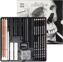 Cretacolor Black & White Box Drawing Profesyonel Karakalem Eskiz Çizim Seti 25 Parça Metal Kutu - Cretacolor