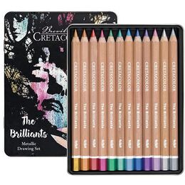 Cretacolor Mega Color Brilliants Metalik Jumbo Kalın Kuru Boya Kalemi Seti 12 Renk Metal Kutu - 1