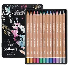 Cretacolor Mega Color Brilliants Metalik Jumbo Kalın Kuru Boya Kalemi Seti 12 Renk Metal Kutu