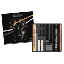Cretacolor Wolf Box Drawing Set Profesyonel Karakalem Eskiz Çizim Seti 25 Parça Metal Kutu - Cretacolor