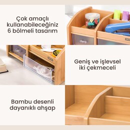 Daxi Bambu Ahşap Çekmeceli Kalemlik Çok Amaçlı Masaüstü Makyaj Düzenleyici Organizer - Thumbnail