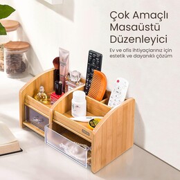 Daxi Bambu Ahşap Çekmeceli Kalemlik Çok Amaçlı Masaüstü Makyaj Düzenleyici Organizer - Thumbnail