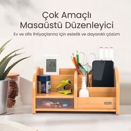 Daxi Bambu Ahşap Çekmeceli Kalemlik Çok Amaçlı Masaüstü Makyaj Düzenleyici Organizer - Thumbnail