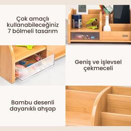 Daxi Bambu Ahşap Çekmeceli Kalemlik Çok Amaçlı Masaüstü Makyaj Düzenleyici Organizer - 4