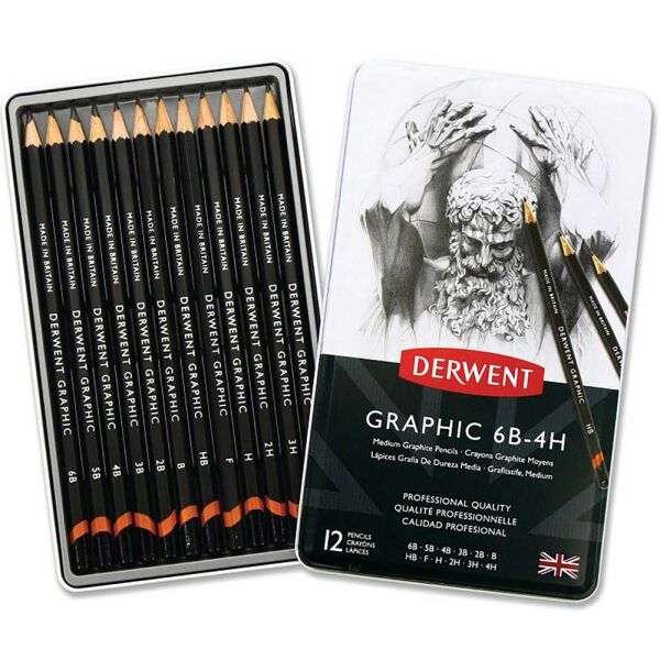 Derwent Graphic Dereceli Kalem Karakalem Eskiz Çizim Seti Medium (designer) 12