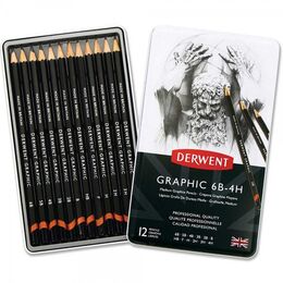 Derwent Graphic Dereceli Kalem Karakalem Eskiz Çizim Seti Medium (Designer) 12'li Teneke Kutu - 1