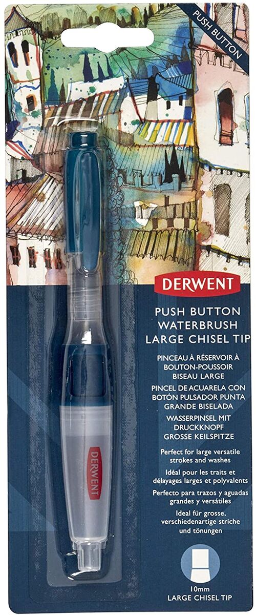Derwent Push Button Waterbrush Akış Kontrollü Su Hazneli Sulu Boya Fırçası Chisel Tip (düz Kesik Uç)
