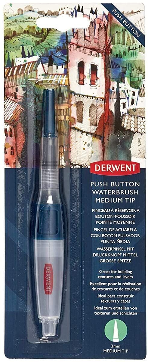 Derwent Push Button Waterbrush Akış Kontrollü Su Hazneli Sulu Boya Fırçası Medium Tip (orta Uç)