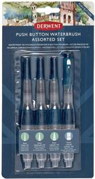 Derwent Push Button Waterbrush Akış Kontrollü Su Hazneli Sulu Boya Fırçası Seti 4 Boy