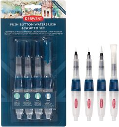 Derwent Push Button Waterbrush Akış Kontrollü Su Hazneli Sulu Boya Fırçası Seti 4 Boy