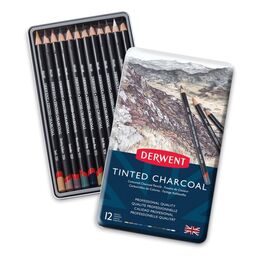 Derwent Tinted Charcoal Renkli Kömür Füzen Karakalem Eskiz Çizim Seti 12'li Teneke Kutu