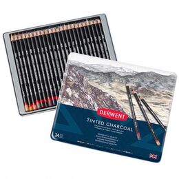 Derwent Tinted Charcoal Renkli Kömür Füzen Karakalem Eskiz Çizim Seti 24'lü Teneke Kutu - 1