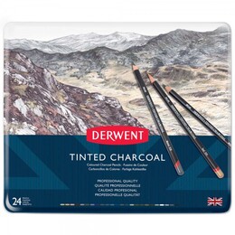Derwent Tinted Charcoal Renkli Kömür Füzen Karakalem Eskiz Çizim Seti 24'lü Teneke Kutu - 2