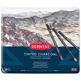 Derwent Tinted Charcoal Renkli Kömür Füzen Karakalem Eskiz Çizim Seti 24'lü Teneke Kutu - 2