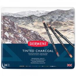 Derwent Tinted Charcoal Renkli Kömür Füzen Karakalem Eskiz Çizim Seti 24'lü Teneke Kutu