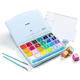 HIMI Jelly Cup Gouache Set Guaj Boya Seti 24 Renk x 30 gr. + 3 Fırça (Ice Blue Case) - 1