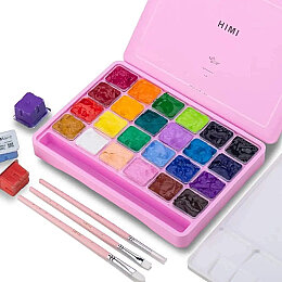 HIMI Jelly Cup Gouache Set Guaj Boya Seti 24 Renk x 30 gr. + 3 Fırça (Pink Case) - HIMI