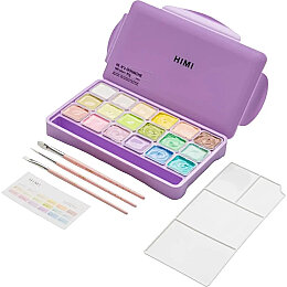 HIMI Jelly Cup Gouache Set Pastel Renkler Guaj Boya Seti 18 Renk x 30 gr. + 3 Fırça (Purple Case) - HIMI