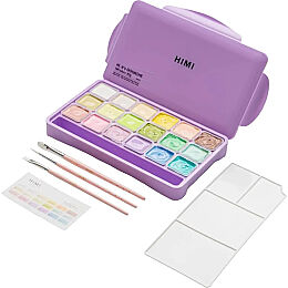 HIMI Jelly Cup Gouache Set Pastel Renkler Guaj Boya Seti 18 Renk x 30 gr. + 3 Fırça (Purple Case) - 1