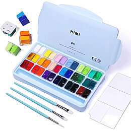 HIMI Twin Cup Gouache Set Guaj Boya Seti 36 Renk x 12 gr. + 3 Fırça (Ice Blue Case) - HIMI