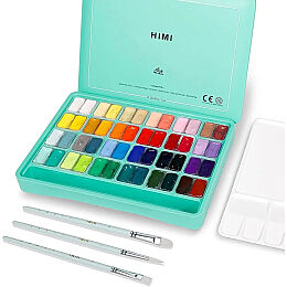 HIMI Twin Cup Gouache Set Guaj Boya Seti 48 Renk x 12 gr. + 3 Fırça (Green Case) - 1