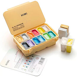 HIMI Twin Cup Gouache Set Metalik Renk Guaj Boya Seti 12 Renk x 12 gr. (Yellow Case) - 1
