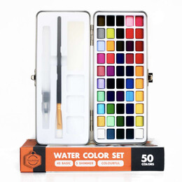 Hobi Market Art Tablet Sulu Boya Seti 50 Renk Metal Kutu +2 Fırça Hediyeli - 1