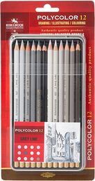 Koh-i Noor Polycolor Artist Kuru Boya Kalemi Seti 12 Renk GRİ TONLAR Metal Kutu