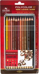 Koh-i Noor Polycolor Artist Kuru Boya Kalemi Seti 12 Renk KAHVERENGİ TONLAR Metal Kutu