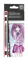 Marabu Graphix Aqua Pen Çift Uçlu Grafik Çizim Manga Marker Kalemi Seti 6 Renk Ma Ke Manga
