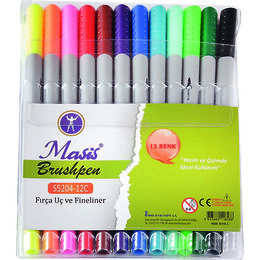 Masis Brushpen Çift Uçlu Fırça Uç + Fineliner Kalem Seti 12 Renk