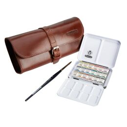 Schmincke Horadam Aquarell Taş Tablet Sulu Boya Seti Deri Kılıf ve Fırça Hediyeli Yarım Tablet 18 Renk - 1