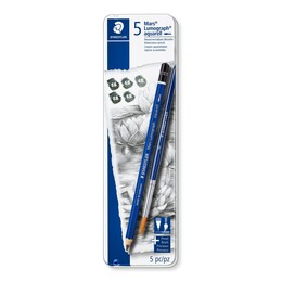 Staedtler Mars Lumograph Aquarell Dereceli Kalem Karakalem Eskiz Çizim Seti 5'li + Fırça Metal Kutu - 1